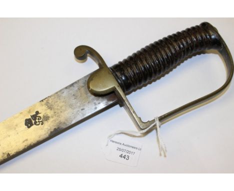 British Georgian Officers sword. 73cm "GR" marked blade. Complete with leather scabbard which is at fault.