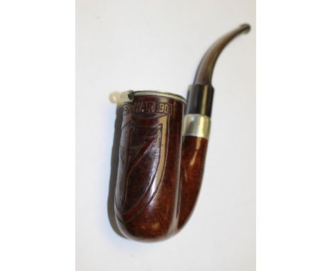 British Boer War Pipe. Horn mouthpeice. EPNS plated lid and fittings. Wooden bowl and stem carved with original owners name "