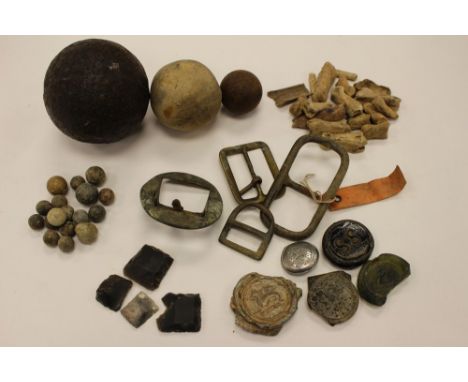 A collection of items recovered from Naseby: cast iron Cannon Ball approx 80mm in diameter with letter from Leicester Museum 