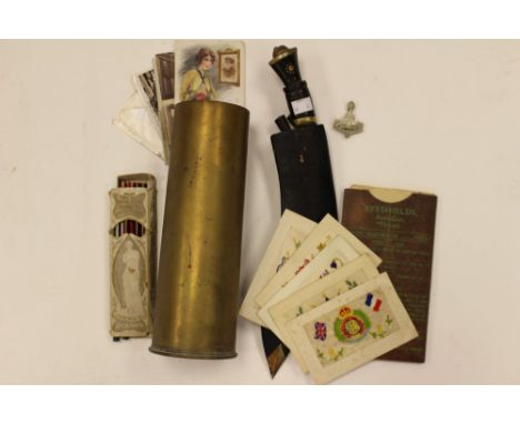 WW2 British early pre war 1938 dated 25prd shell case: WW2 era souvenir Gurhka Kuri, 30cm bright plated steel blade marked "I