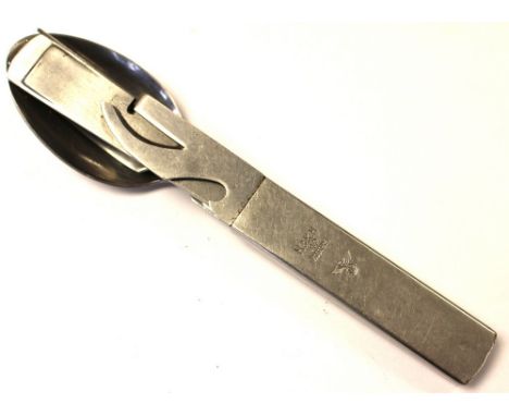 WW2 Third Reich private purchase four part clip together stainless steel cutlery set. Holder/tin opener is marked "H&KH 42 Ro