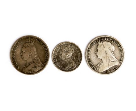 Crowns 1892, 1894 LVIII, Florin 1878 engraved to Obverse "Margret Hamilton married 12 Augt 1803".
