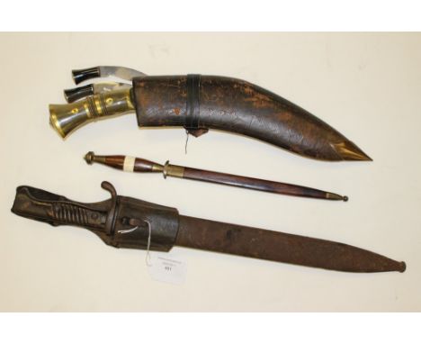WW1 German Butcher bayonet complete with scabbard and leather frog: Gurkha Kukri knife, complete with scabbard and two small 