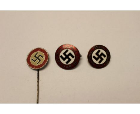 WW2 Third Reich NSDAP Party membership badges, one marked "Ges. Gesch" and one unmarked and a NSDAP supporters lapel stick pi