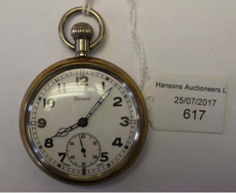 WW2 British Swiss made GSTP marked pocket watch by Grana. Serial number to case M36882. Broad arrow marked. White dial with A