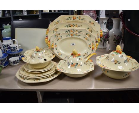 A Royal Doulton octagonal art dinner service having cheerful fruits and flowers design, comprising of eighteen pieces includi