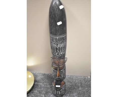An African vintage carved handmade wall mask having metal decoration 82cm x 12cm.