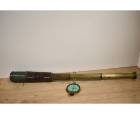 A WW1 brass three draw telescope by W.Ottway &amp; Co Ltd, Ealing No3219 dated 1914, some deterioration to leather grip sold 