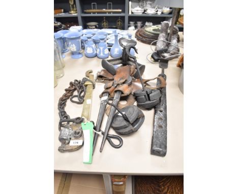 A Victorian brass mounted steel yard balance by Fairbank USA, a work man's leather tool belt with wrenches as well as a three