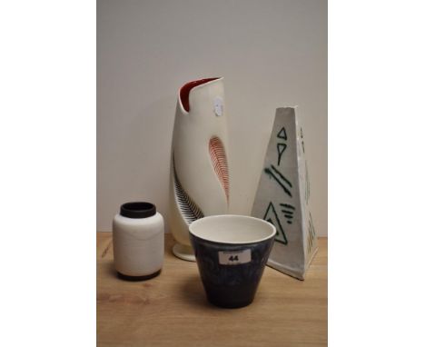 An unusually shaped Burleigh ware vase, having black and red feather pattern, a Portmadoc plant pot with blue glaze and two s