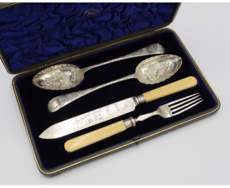  A cased set of silver plated dessert servers, the case marked 'Hamilton of Calcutta', early 20th century, comprising two ber