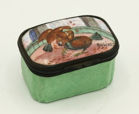  An English enamel cocktail fighting patch box,  19th century, the hinged cover painted with a cock fighting scene titled 'Bu