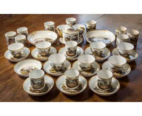  An early 19th century Continental porcelain topographical part tea and coffee service, possibly Furstenberg, comprising an o