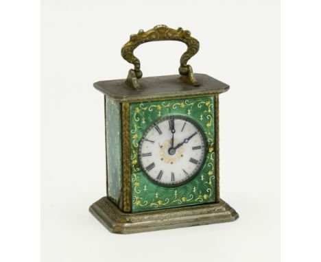  A good French miniature enamelled mantel clock, late 19th century, signed Brevet to base, with scrolled gilt cast handle to 
