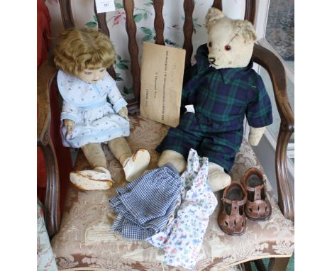 A Chad Valley felt girl doll with glass eyes, together with a playworn 1930s-50s mohair teddy bear (‘Pooh’), both with spare 