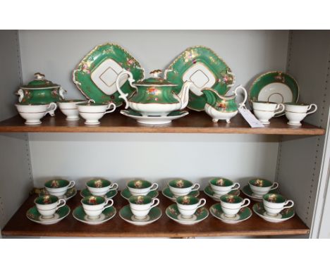  A Derby style part tea and coffee service, 19th century, green and gilt decoration with hand applied floral sprays, comprisi