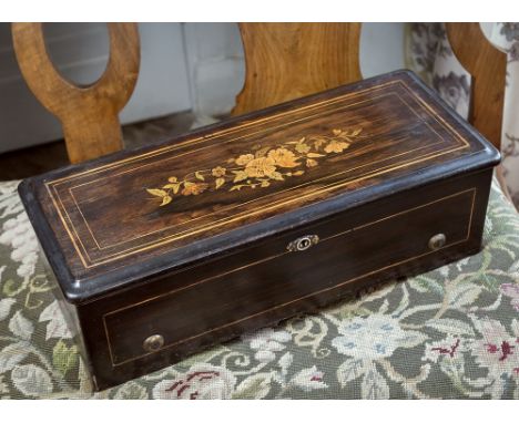 A Victorian Swiss rosewood and marquetry musical box, hinged lid with framed floral marquetry, ebonised interior, playing ei