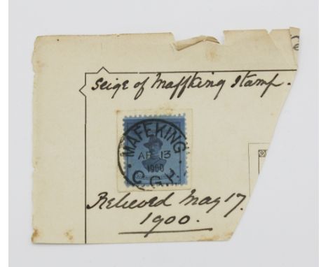  A rare South Africa Mafeking Seige Issue postage stamp,  April 1900, 3d, with Baden-Powell in blue, 21mm. width, used on sma