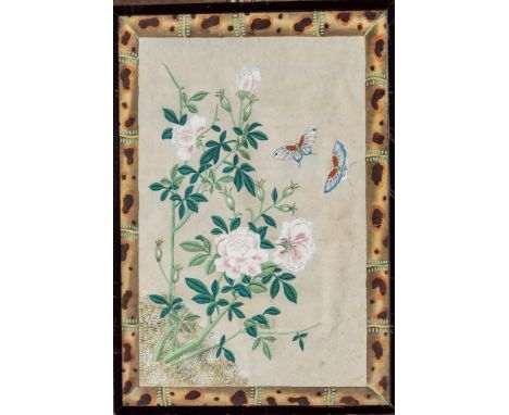  A 19th century chinoiserie watercolour, imitating a Chinese print, depicting a pair of butterflies above a peony, within a p
