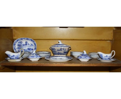  A Hackwood miniature child's blue and white part dinner service, Staffordshire 1830s, impressed factory marks, Monastery pat