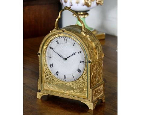 A fine and rare early Victorian engraved gilt brass hump-back carriage clock by James Murray of London, with single fusee mov