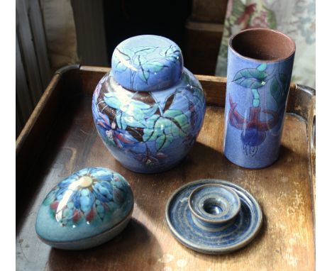  Three pieces of Guernsey Pottery and a Sark Pottery candlestick. (4), 