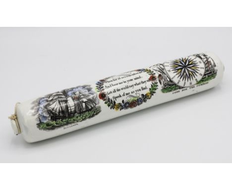  A Sunderland earthenware rolling pin, 19th century, four lined sweetheart poem encircled by a floral wreath flanked by schoo