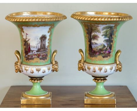 A pair of Derby porcelain campana urns, probably Samson of Paris, late 19th century, in the manner of W. Duesbury, the everte