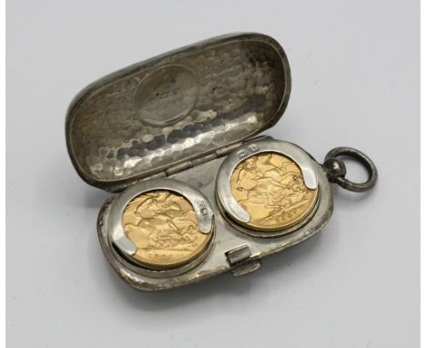  Two gold full sovereigns, dated 1909 and 1927, held in a silver sovereign case with planished exterior and engraved monogram