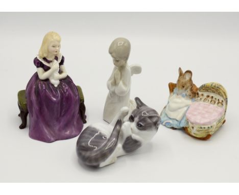  A Royal Copenhagen kitten, in playful pose, model number 727; together with a Royal Doulton figurine, 'Affection', HN 2236; 