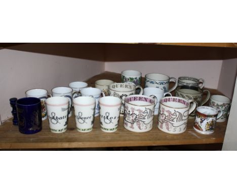 A collection of royal commemorative mugs, including Wedgwood, Bridgwater, Royal Worcester etc., together with a Crown Devon m