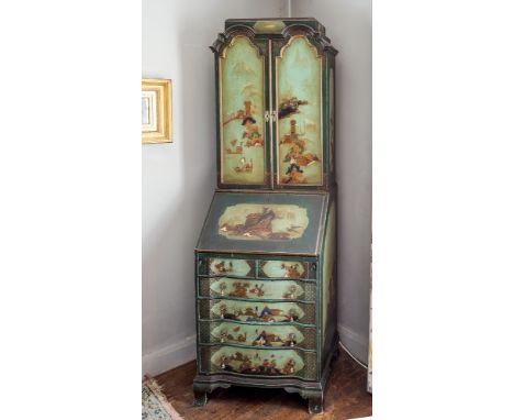  A chinoiserie decorated bureau bookcase of small proportions, in the George I style, early 20th century, the double domed pe