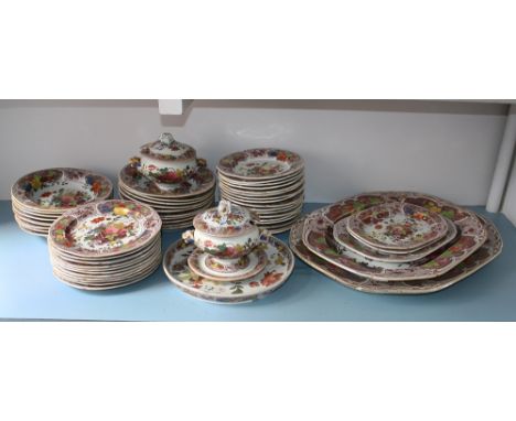  An early 19th century Masons ironstone dinner service, with rose basket transfer print with polychrome overpainting, compris