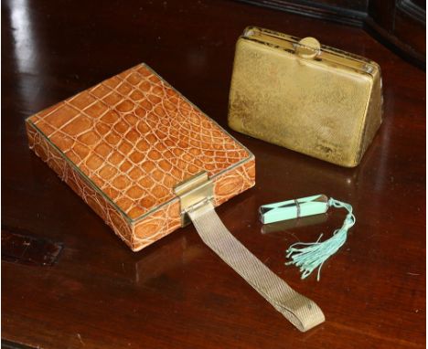  A 'Park Lane De-luxe' compact, 1930s, rectangular faux crocodile skin case with clasp lock, hinged lids to both sides, one w