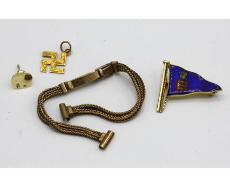  A 9ct gold and enamel Guernsey Royal Yacht Club pin badge, together with a 9ct gold watch strap, 9ct elephant pin and 9ct go
