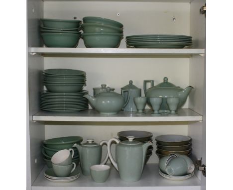  A Poole pottery part tea / coffee service, 1950s, in celadon style glaze, inc. tea and coffee pots, six cups with six saucer