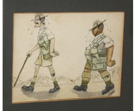  A watercolour cartoon of 7th Gurkha Rifles Regt. interest,  depicting Major A. S. Mackay and Gabedan Major Jasbahadua Limbu 