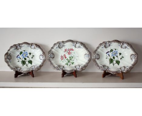 Three Copeland and Garrett late Spode earthenware dishes, oval form, scalloped rims with brown saw tooth borders, six 'C' scr