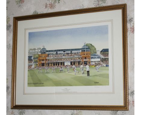  A limited edition cricket print, 'Lords, Australia v England 1977', by Eric Thompson, signed artist's proof, in gilt frame. 