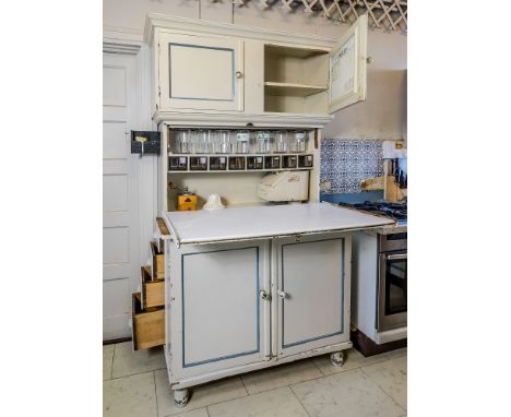  A retro 1950s 'Quicksey' kitchen dresser, white paint with blue frames, flared moulded cornice above two doors with shelved 