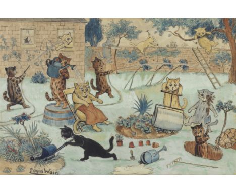 Louis William Wain (British, 1860-1939)Helping Ma in the Garden signed 'Louis Wain.' (lower left), titled and inscribed 'Help