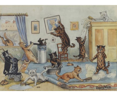 Louis William Wain (British, 1860-1939)Spring Cleaning signed 'Louis Wain.' (lower right), titled 'Spring Cleaning' (lower ce
