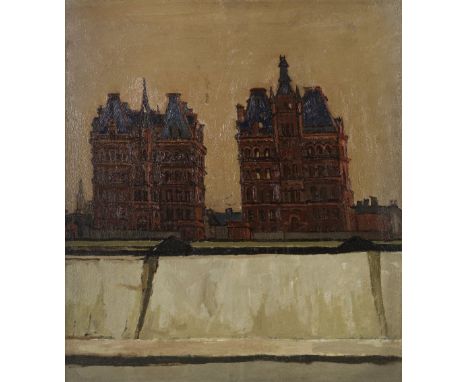 Edward Middleditch (British, 1923-1987)Doulton's Warehouses (View from Tate Gallery) oil on board76 x 66cm (29 15/16 x 26in).