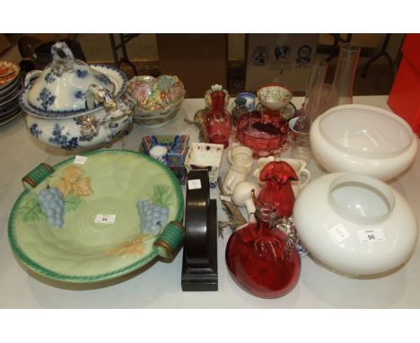 Three glass lamp shades, a cranberry glass preserve dish, a blue and white tureen, cover and ladle and other miscellaneous gl