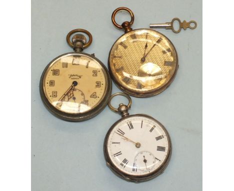 A gold-plated open-face key-wind pocket watch with silver engine-turned dial and two other watches, (all a/f), (3).