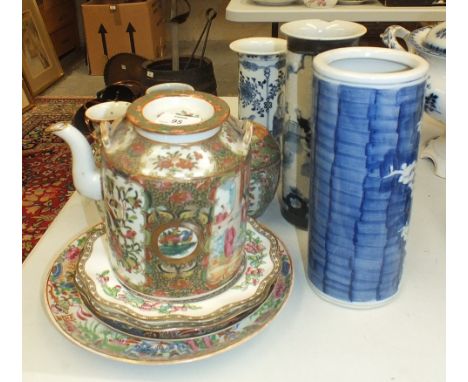 A 19th century Canton teapot with string-bound handles, 17cm high, a two-tier Canton sandwich dish, (frame lacking), a small 