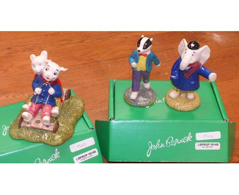 A John Beswick ceramic limited edition figure, 'Rupert Bear and Algy Pug go Go-Carting' and two others, 'Edward Trunk' and 'B