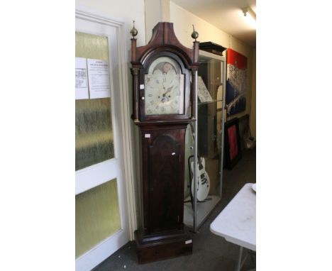 Late 18th century Mahogany Inlaid 8 Day Longcase Clock, the painted face with rolling lunar phase to arch with painted moon a