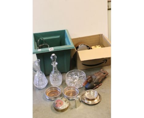 Mixed Lot including Cut Glass Decanter, Claret Jug, Bowl, etc plus Various Metalware including Copper, Carved Wooden Duck, Cl