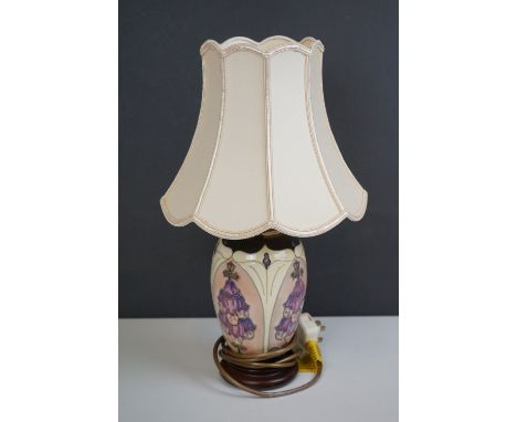 Moorcroft Tube Lined Table Lamp with a Foxglove pattern, with silk shade, lamp 21cms high 